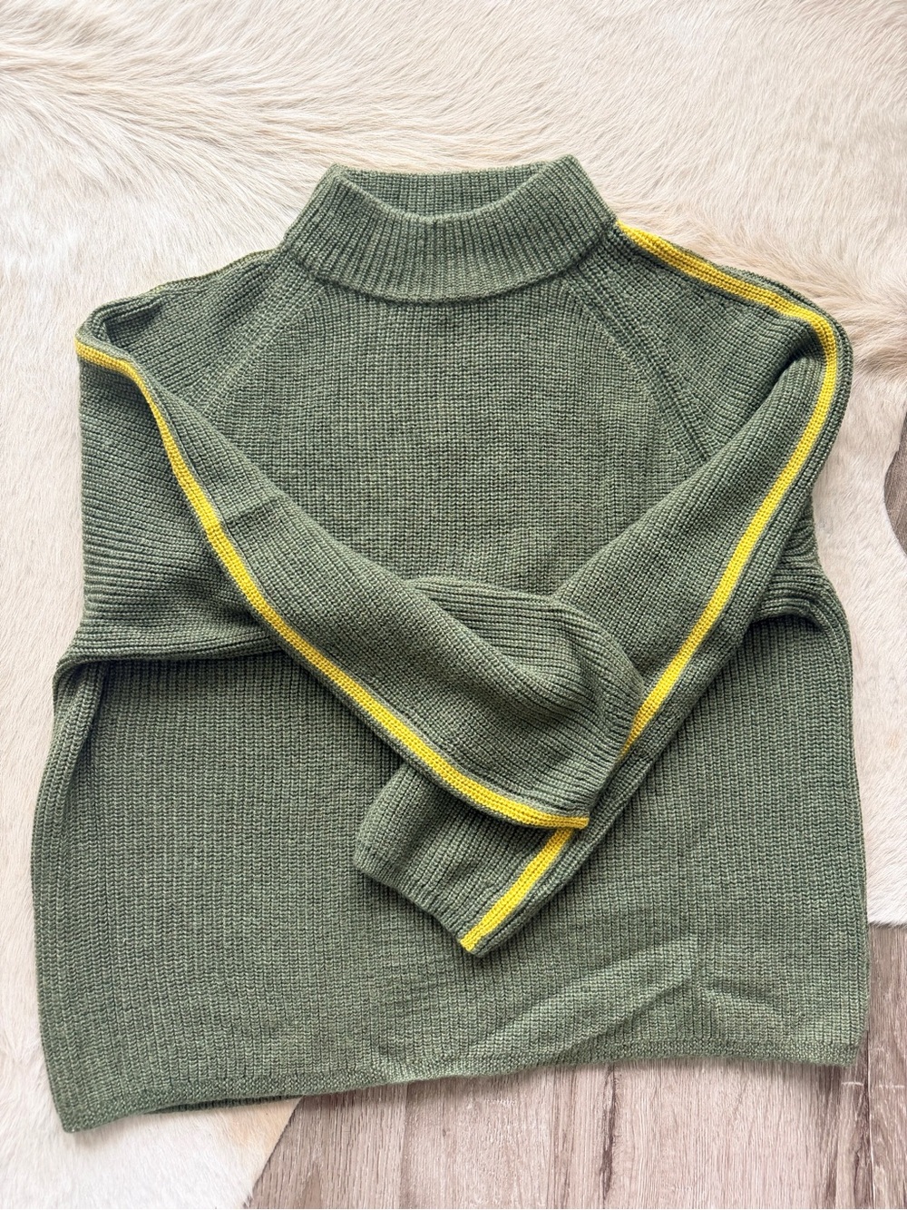 Men's Olive Green Knit Sweater with Yellow Stripe